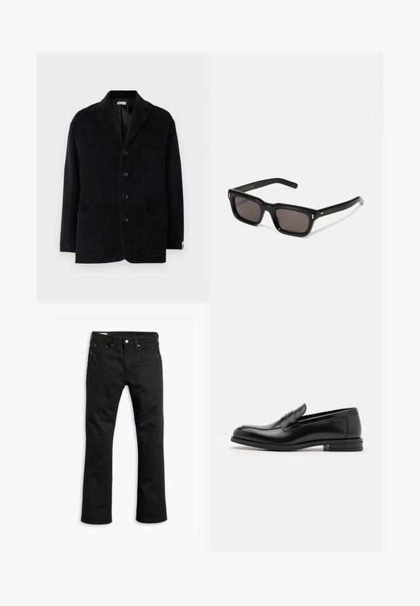 Crna kordura jakna s izrezanim ovratnikom, četiri prednja gumba, dva velika džepa i dodatnim džepom na prsima. Mekana tekstura, kroj prilagođen figuri.; Bijela majica kratkih rukava od pamučnog materijala s okruglim izrezom. Jednostavan dizajn bez uzoraka ili naglasaka. Glatka tekstura.; Crne traperice s ravnim nogavicama, pet džepova, zatvaranje na metalni gumb i suptilne detalje šivanja. Glatka tekstura i jednolična boja.; Crni kožni mokasini s glatkom teksturom, zaobljenim prstima i ukrasnom trakom preko prednjeg dijela. Niski slojeviti potplat, minimalistički dizajn.; Crne pravokutne sunčane naočale s tamnim lećama, debelim plastičnim okvirom, zlatnim akcentima na sljepoočnicama i logotipom marke ugraviranim na dršku.