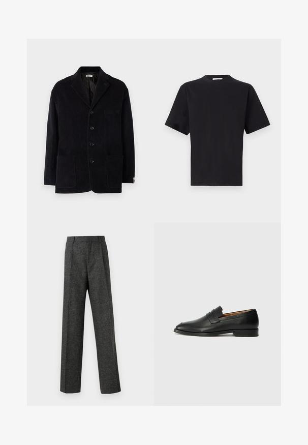 Black corduroy jacket with notched collar, four front buttons, two large pockets, and an additional chest pocket. Soft texture, tailored fit.; Black short-sleeve t-shirt, round neck, made of smooth cotton fabric. Simple design with no visible patterns or accents.; Gray tailored trousers made of textured fabric, featuring two front pleats and a straight-leg design. No visible pockets or embellishments.; Black leather loafer with a rounded toe, subtle stitched detailing, and a low heel, featuring a smooth texture and minimalist design.