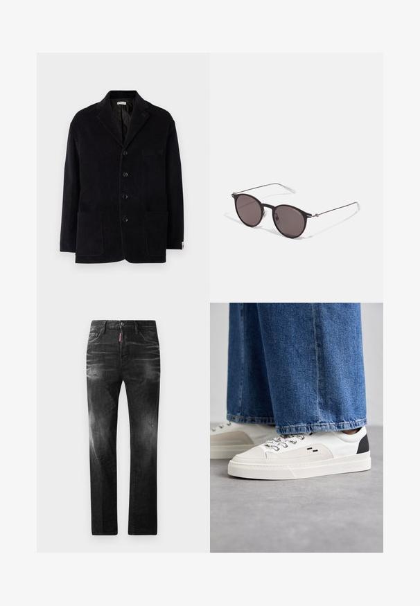 Giacca in velluto a coste nera con colletto a intaglio, quattro bottoni frontali, due tasche grandi e una tasca sul petto aggiuntiva. Tessuto morbido, vestibilità sartoriale.; T-shirt in cotone nero con scollatura rotonda, maniche corte e logo "EMPORIO ARMANI" in bianco sopra "Milano" in una disposizione curva.; Jeans in denim nero con vestibilità dritta. Presentano aree sbiadite, leggeri segni di usura, classico design a cinque tasche e chiusura con bottone.; Sneaker bianche e nere con parte superiore in pelle liscia, dettagli testurizzati e suola bianca spessa. Presentano un classico design con lacci.; Occhiali da sole neri rotondi con lenti scure e sottili bracci in metallo. Include punte trasparenti e accenti argentati alla cerniera. Design minimalista.