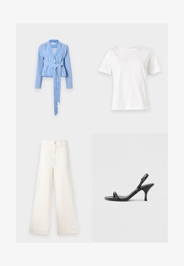 Šviesiai mėlynas džinsinis švarkas su ilgomis rankovėmis, įliemenuota liemens dalimi, surišamu diržu, vienu mygtuku užsegimu ir apykakle su išpjova. Yra krūtinės kišenė.; Balta medvilninė marškinėliai trumpomis rankovėmis, su apvalia iškirpte ir laisvu siluetu. Lygi tekstūra, be raštų ar akcentų, minimalistinis dizainas.; Platus kojų kelnes šviesiai smėlio spalvos medvilnės. Aukšta juosmens linija, priekinės kišenės ir tiesus kirpimas. Švarus apvadas be raštų.; Juodos odinės aukštakulnės šlepetės su plonu, kreiviu kulnu ir kryžminiu dirželio dizainu. Reguliuojamas kulkšnies dirželis. Lygus paviršius.