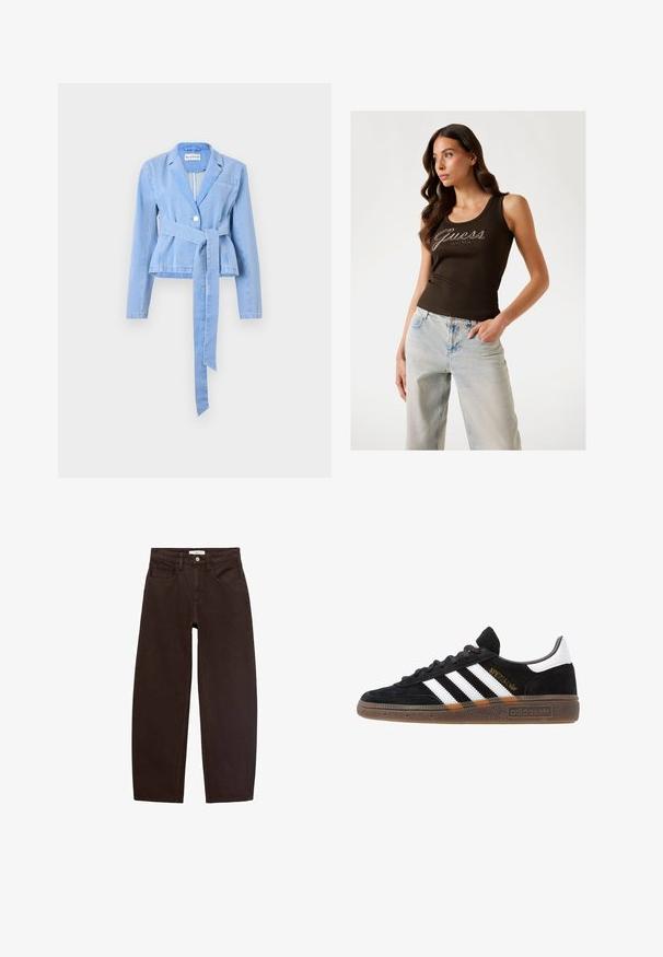 Vaaleansininen farkkutakki, jossa on pitkät hihat, istuva vyötärö, solmittava vyö, yksittäinen nappikiinnitys ja lovikaulus. Sisältää rintataskun.; Ribbetty harmaa toppi, jossa on "Guess" -logo hopeisilla koristeilla, yhdistettynä vaaleansinisiin leveisiin farkkuihin.; Ruskeat farkut rentolla leikkauksella, joissa on viisi taskua, vyölenkit ja klassinen vetoketjusulku. Sujuva pinta ja suorat lahkeet.; Mustat Adidas-nikeset, joissa on valkoiset raidat, kultaiset "Spezial"-tekstiset, kumipohja ja valkoinen kantapää, esitetty sivuprofiilissa.