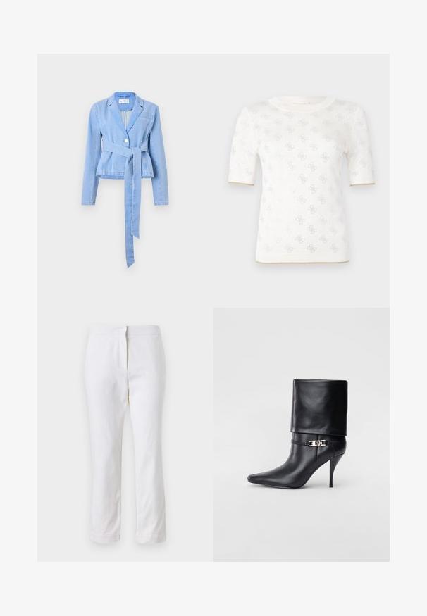 Šviesiai mėlynas džinsinis švarkas su ilgomis rankovėmis, įliemenuota liemens dalimi, surišamu diržu, vienu mygtuku užsegimu ir apykakle su išpjova. Yra krūtinės kišenė.; Mezgamas baltas trumpomis rankovėmis palaidinės su subtiliu raštu, apvaliu iškirpimu ir auksiniu akcentu apatinėje dalyje. Audinys atrodo lengvas ir kvėpuojantis.; Balti medvilniniai kelnių su tiesiu kojų dizainu, turintys vidutinį liemenį ir be matomų detalių ar raštų. Lygi tekstūra visame paviršiuje.; Juodos odinės kulkšninių botų su smailiu nosiu, aukštu stiletto kulnu, apvyniojamu kraštu ir auksine dekoratyvine sagtimi prie kulkšnies.