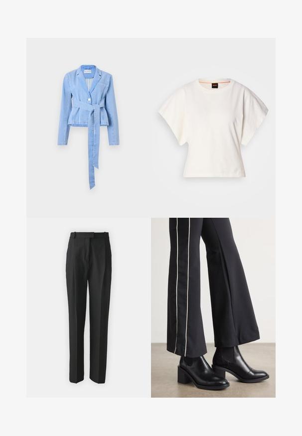 Hele sinine teksajakk pikkade varrukatega, kitsas talje, seotud vöö, ühekordne nööp sulgemisega ja krae. Omab rinnaelast.; Valge lühikeste laiadte varrukatega lühike T-särk, pehme puuvillane materjal, ümar kaelus kergelt oranži ääristusega, minimaalne disain, ilma mustrite ja graafikateta.; Mustad kohandatud mustad püksid kergest kangast, sirge lõikega, lamedate esiosadega ja vöökohaga. Sile tekstuur ilma nähtavate mustriteta.; Mustad nahast pahklu_bootid, millel on ploki konts ja elastsed külgpaneelid. Kombineeritud mustade pükstega, millel on valge küljeriba.