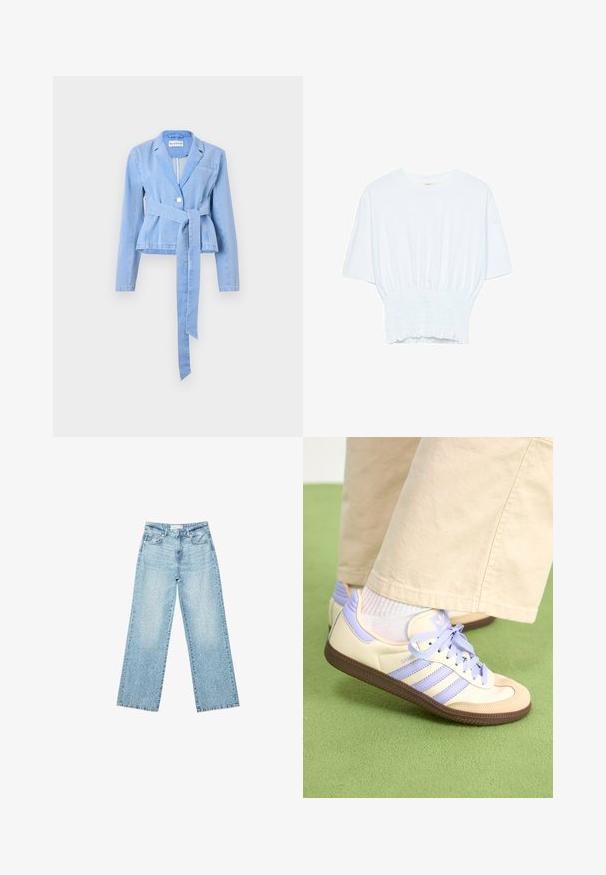 Blazer in denim blu chiaro con maniche lunghe, vita aderente, cintura legata, chiusura con un bottone e colletto a revers. Presenta una tasca sul petto.; T-shirt bianco a maniche corte con una vestibilità rilassata e una texture smock in vita. Realizzato in tessuto morbido e leggero.; Jeans larghi in denim blu chiaro a vita alta, caratterizzati da un lavaggio sbiadito e da piccoli dettagli strappati sparsi.; Sneakers crema e lavanda con tre strisce e suola marrone texturizzata, dotati di lacci e tallone imbottito. Parte superiore in tessuto morbido.