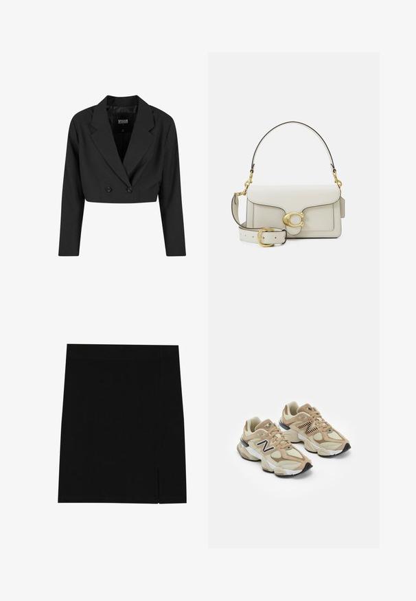 Melnā īsā žakete, izgatavota no gludas auduma. Iezīmē divrindu priekšpusi ar divām melnām pogām un asiem apkakles galiem. Iekļautas garas piedurknes.; Pelēks džemperis ar pusi rāvējslēdzēju, ribotām piedurknēm un mazu izšūtu logotipu uz krūtīm. Mīksta kokvilnas maisījuma audums.; Melna mini svārku izgatavota no mīksta auduma ar pieguļošu dizainu, kurai sānos ir neliela šķirba papildu detaļām.; Beigās sporta kedas ar acu un zamša materiāliem. Iekļauj melnu logotipu un teksturētus akcentus. Resna balta starppēda un melna gumijas zole.; Balta ādas rokassoma ar zelta detaļām, tai ir aizdare ar atloku un noņemams, regulējams plecu siksna. Apaļa metāla akcenta detaļa centrā.