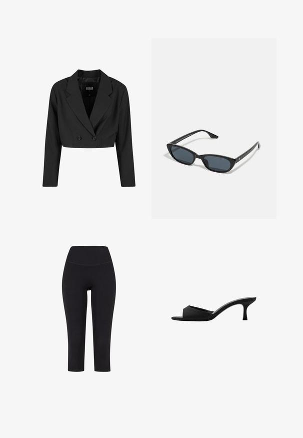 Mustat lyhyet jakut, valmistettu sileästä kankaasta. Varustettu kaksirivisellä etuosalla, jossa on kaksi mustaa nappia ja terävät kaulukset. Mukana pitkät hihat.; Musta pitsipaita, jossa on olkapäiltä avonainen kaula-aukko, pitkät kellohihat ja aaltoilevat reunat. Koko paidan alueella on rosoinen kukkakuosi.; Mustat kolme neljännestä pituutta leggingsit joustavasta kankaasta, joissa on korkea vyötärö eikä näkyviä kuvioita tai metalliosia.; Mustat korkeat mulesit, joissa on leveä, avoin varvasosa ja kaareva yläosa. Tekstuurista kangasta, jolla on hoikka korko ja sileä pohja.; Musta kissakatse aurinkolasit tummilla linsseillä, muovikehys, kapeat temppelit ja hienovarainen brändäys sisäisessä varressa. Mattapintainen rakenne.