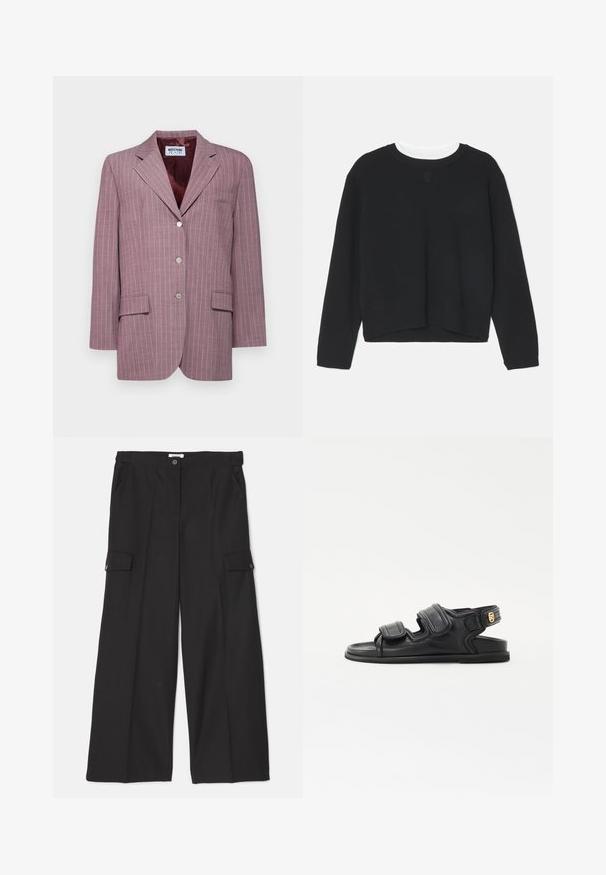 Šviesiai violetinis dryžuotas švarkas su iškirptėmis ir atlapais, dviem priekinėmis kišenėmis, trimis sidabro mygtukais ir vyšnių spalvos satino pamušalu.; Juodas megztinis ilgomis rankovėmis, su apvaliame iškirpime ir šiek tiek trumpesniu apvadu. Pagamintas iš minkštos medžiagos, priekyje turi subtilų logotipą.; Juodos plačios kelnės, pagamintos iš sklandžios, tvirtos medžiagos. Yra priekinės kišenės ir dvi krovininės kišenės su mygtukų uždarymais.; sandro Sandalai - noir