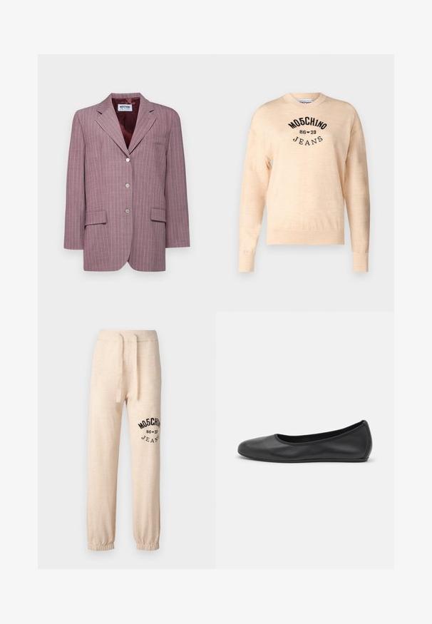 Vaaleanlila pinstripe-puku, jossa on lovellinen kaulus, kaksi etupussia, kolme hopeista nappia ja viininpunainen satiinivuori.; Vaaleanbeige neulepaita, joka on valmistettu pehmeästä kudoksesta. Siinä on pyöreä kaula-aukko, pitkät hihat ja musta brodeerattu logo, jossa on teksti "Moschino Jeans."; Beiget rentoutuneen istuvuuden collegehousut, valmistettu pehmeästä kankaasta, jossa on joustava vyötärönyöri ja musta logo/kuvio vasemmassa lahkeessa.; Musta nahkainen ballerina, jossa on pyöristetty kärki, sileä pinta, minimaalinen ommelkoristelu ja joustava pohjamuotoilu.