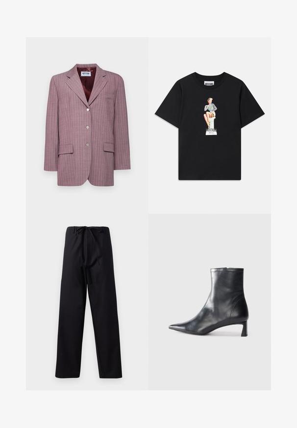 Heled lilla triibuline bleiser, millel on nurgelised kraed, kaks eesmist taskut, kolm hõbedast nööpi ja pruunikas-satinvooder.; Must musta T-särk, millel on trükitud graafika naistest triibulises pluusis, istumas pjedestaalil, mille all on tekst "Moschino Jeans".; Mustad, keskmise kaaluga püksid, millel on paelaga vöökoht, sirge jala disain ja ilma nähtavate mustrite või aktsentideta. Sile tekstuur.; Mustad mustall nahkasaabas terava nina ja stiilse disainiga. Omab madalat konts ja luku sulgemist taga. Sile tekstuur.