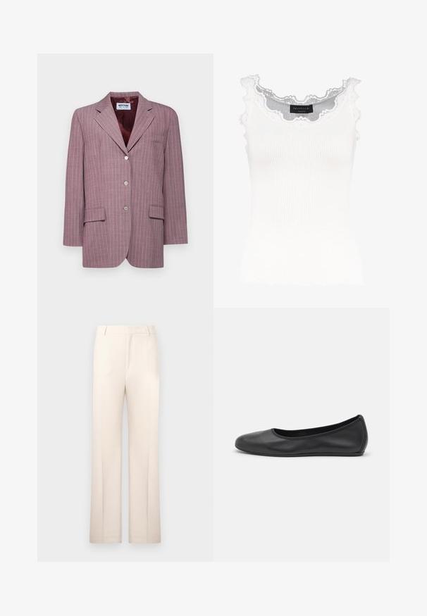 Šviesiai violetinis dryžuotas švarkas su iškirptėmis ir atlapais, dviem priekinėmis kišenėmis, trimis sidabro mygtukais ir vyšnių spalvos satino pamušalu.; Baltas reikia marškinėliai su nėriniuotais kraštais apykaklėje ir rankovėse. Turi minkštą tekstūrą ir prigludusią formą. Prekės ženklas matomas viduje.; Bežinės prisiūtos kelnės su tiesiomis kojomis, pagamintos iš lengvos medžiagos. Yra priekiniai klostės ir klasikinis liemuo.; Juodai odiniai baletai su apvaliu pirštu, lygi texture, minimalus siuvimo detales ir lanksčiu padų dizainu.