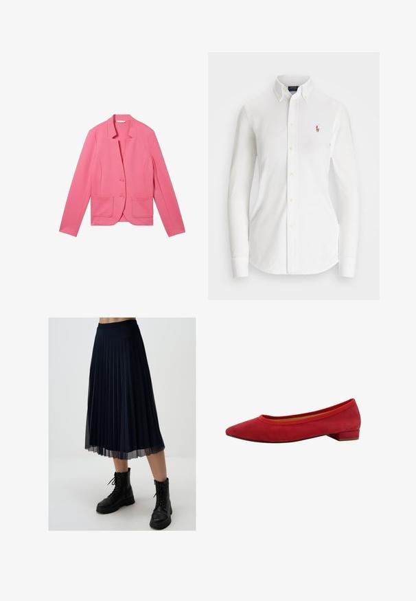 TOM TAILOR OTTOMAN STRUCTURE - Blazer - carmine pink; Weißes Langarm-Hemd mit Knöpfen und spitzem Kragen aus Baumwolle. Verfügt über ein kleines gesticktes Logo auf der linken Brust.; Marineblauer Faltenrock aus leichtem Stoff, mit mittellanger Länge bis zur Wadenmitte und einem enganliegenden Taillenbund, kombiniert mit schwarzen Kampfstiefeln.; Rote Wildleder Ballerinas mit spitzem Zeh, niedrigem Blockabsatz und elastischem Besatz am Schaft für eine enge Passform.