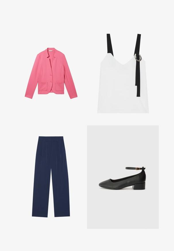 TOM TAILOR OTTOMAN STRUCTURE - Blazer - carmine pink; Weißes ärmelloses Top mit V-Ausschnitt, ausgestattet mit schwarzen Trägern und einem silbernen Ringdetail. Glatte Stoffoberfläche und ein modernes, minimalistisches Design.; Himmelblaue Weitbundhosen aus weichem Stoff, mit vorderen Falten, glatter Oberfläche und einem geraden Schnitt ohne sichtbare Taschen.; Schwarze Lederpumps mit spitzem Zehenbereich und niedrigem Blockabsatz. Mit einem Knöchelriemen und einer goldfarbenen Schnalle. Glatte Textur.