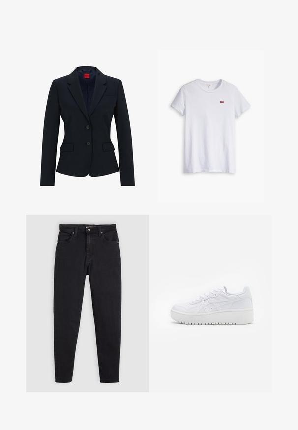 Blazer azul-marinho em design ajustado, com lapela notched, fecho de dois botões e dois bolsos frontais. Interior forrado com padrão de logótipos.; T-shirt branca de algodão com mangas curtas e decote redondo. Apresenta um pequeno logotipo vermelho da Levi's na área do peito esquerdo.; Calças skinny pretas com fecho de botão e zip, design de cinco bolsos e passantes para cinto sobre um fundo cinza claro.; Sapatilhas brancas de plataforma com uma textura de couro suave, detalhes perfurados e atacadores planos; apresentam uma sola de borracha branca espessa.
