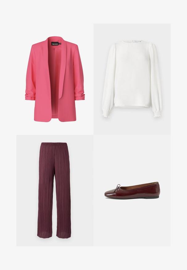 Rosa blazer med glatt stoff, åpen front og sjal-krage. Har rullede ermer og ingen knapper, som viser en minimalistisk design.; Hvit bluse med lange ermer laget av lett stoff, med rund hals, samlede puffærmer og elastiske mansjetter.; Plissebukser i dyp burgunder med elastisk liv, med en flytende, vid ben-design og vertikale folder gjennom hele.; Burgunderrød lakk lær ballettleilighet med rund tå, liten sløyfe foran og en lav, svart gummisåle. Glatt tekstur.