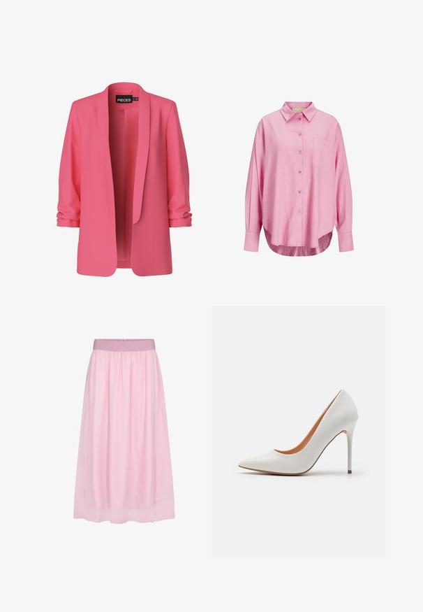 Rožinė bleiserio striukė su glotnia medžiaga, atvira priekiu ir šalikine apykakle. Turi pasukamas rankoves ir be mygtukų, pabrėždama minimalizmą.; Šviesiai rožinė marškinė su apykakle, ilgomis rankovėmis, viena krūtinės kišene ir šiek tiek išlenktu apatine dalimi. Audinys atrodo švelnus.; Rožinė tinklelio sijonas su minkštu, permatomu designu. Turi elastingą juosmens dalį ir plazdantį siluetą, sukuriantį sluoksniuotą efektą.; Baltas patentinės odos aukštakulnis batelis su smailiu pirštu ir siaura stileto pakulne, turintis glotnią tekstūrą ir smėlio spalvos vidų.