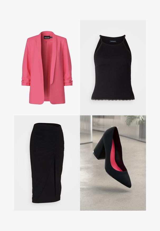 Rózsaszín zakó sima anyagból, nyitott előlappal és sálgallérral. Felhajtott ujjak jellemzik, gombok nélkül, kiemelve a minimalista dizájnt.; Fekete bordázott ujjatlan felső, csipkés, fodros szegéllyel az alján. Vékony pántokkal és testhez simuló kialakítással rendelkezik. Stretch anyagból készült.; Fekete, ráncolt ceruzaszoknya kötött részlettel és oldalsó hasítékkal. Rugalmas anyagból készült, sima textúrával és testhez álló kialakítással.; Fekete magassarkú cipő hegyes orral, textúrált felülettel és élénk rózsaszín béléssel. Vastag sarokkal rendelkezik, ezüst kiegészítővel.