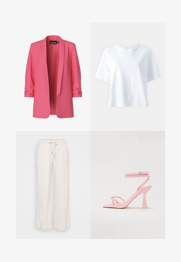 Rosa kavaj i ett mjukt tyg, med öppen framdel och sjalkrage. Har uppvikta ärmar och inga knappar, vilket visar en minimalistisk design.; Vit bomullströja med rund hals, korta ärmar, avslappnad passform och slät textur. Inga mönster eller detaljer synliga.; Ljusbeiga vida byxor med elastisk midja och snörning. Tillverkade av mjukt material med vertikala sömmar som löper längs framsidan.; Rosa klacksandaler med spännande design och ankelspänne. Har ett dekorativt inslag vid tån och en modern, avsmalnande klackdesign.