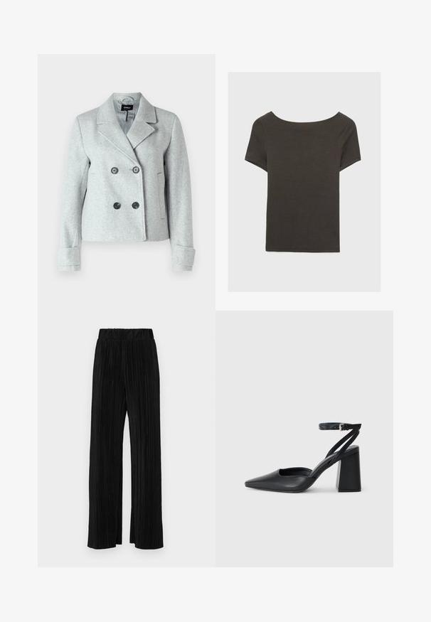 ONLY ONLFREJA LIFE - Blejzer - light grey; Tmavošedý top s krátkym rukávom a lodičkovým výstrihom. Vyrobený z rebrovanej látky, s voľným strihom a čistým lemovaním. Jednoduchý dizajn, bez vzorov.; Čierne plisované nohavice s elastickým pásom. Majú široké nohavice a hladkú, textúrovanú látku s vertikálnymi pruhmi.; Čierne kožené lodičky s špicatou špičkou a členkovým remienkom, s masívnym podpätkom. Hladký povrch, elegantný dizajn a minimalistická estetika.