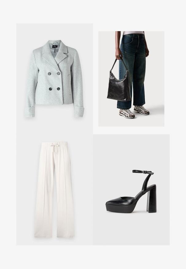 ONLY ONLFREJA LIFE - Blazer - light grey; Rust-colored cropped t-shirt in soft cotton with short sleeves and a knotted front detail. Smooth texture, round neckline.; Light beige sweatpants made of soft fabric, featuring a drawstring waist, wide legs, and vertical seams, with a smooth texture.; Black platform heels with a pointed toe and adjustable ankle strap. Constructed from smooth leather, featuring a chunky block heel.; Black leather shoulder bag with a smooth texture and adjustable strap, paired with faded wide-leg jeans and athletic sneakers.