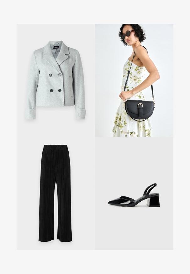 ONLY ONLFREJA LIFE - Blazer - light grey; Black short-sleeve t-shirt with a round neckline, crafted from soft cotton fabric. Simple design, no visible logos or patterns.; Black pleated trousers with an elastic waistband. Features wide legs and a smooth, textured fabric with vertical stripes.; Black patent leather slingback heels with a pointed toe and a geometric block heel. Features a sleek, minimal design and smooth texture.; Black leather handbag with a curved shape, detachable strap, and gold hardware. The bag features a flap with a buckle detail.