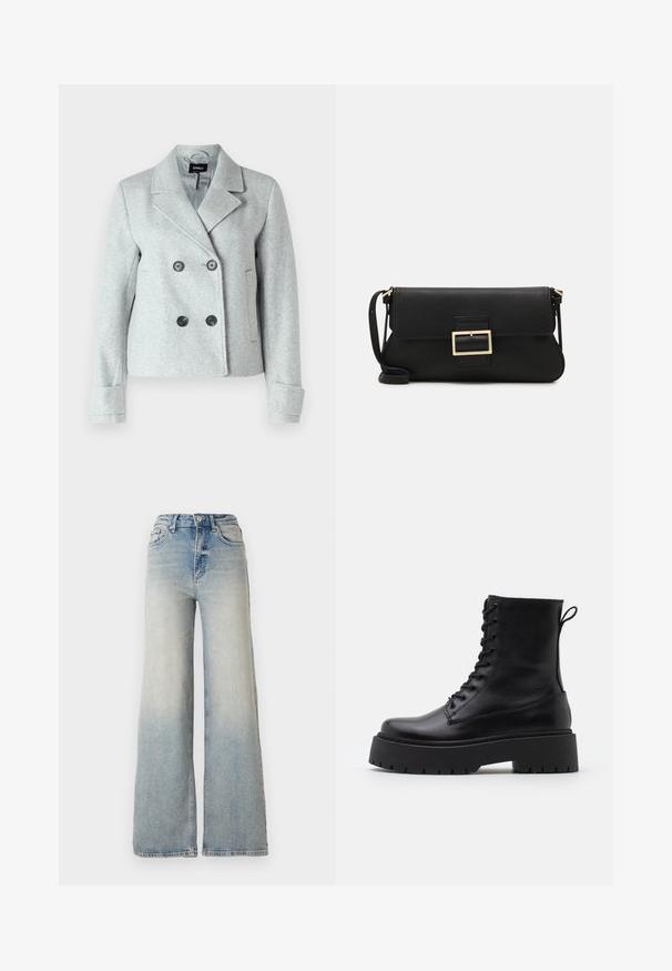 ONLY ONLFREJA LIFE - Bleizeris - light grey; Juodas ilgomis rankovėmis megztinis, pagamintas iš lygaus audinio, su apvaliomis iškirptėmis ir raukiniais pečių ir rankogalių srityse.; Šviesiai mėlynus plačius džinsus, pagamintus iš džinsinio audinio, su aukštu liemeniu, penkiomis kišenėmis ir matomais siūlėmis.; Juodos odinės aulinukės su apvalia nosimi, raišteliais priekyje ir storesniu guminio pado apačioje su tekstūruotu raštu. Priekyje yra kilputė.; Juodas odinis dėkliukas su atvarteliu ir auksinės metalinės sagties detalėmis. Įeina juodas diržas ir elegantiškas, minimalistinis dizainas.; Aukso spalvos žiedo auskarai, ploni ir apvalūs, su lygiu metaliniu paviršiumi be papuošimų ar raštų.