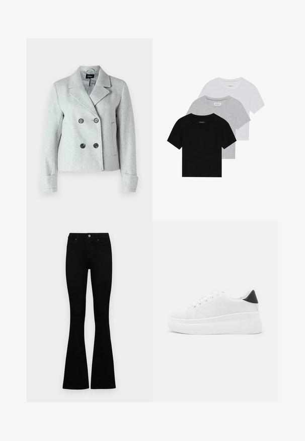 ONLY ONLFREJA LIFE - Bleiser - light grey; Kollektsioon kolm lühikese varrukaga T-särki mustas, hallis ja valges värvitoonis. Valmistatud puuvillast, ümmarguse kaelusega ja lihtsa, ühevärvilise disainiga.; Mustad kõrge vöökohtadega teksad, millel on nööp ja lukuga sulgemine, esikäe taskud ja laienevad sääred, asetatud tasasele valgele taustale.; Valged platvormsneakerid, mis on valmistatud siledast sünteetilisest materjalist, ovaalse toe, paelkinnise disaini ja tekstuurse kummitaldiga. Must kontsrihm.