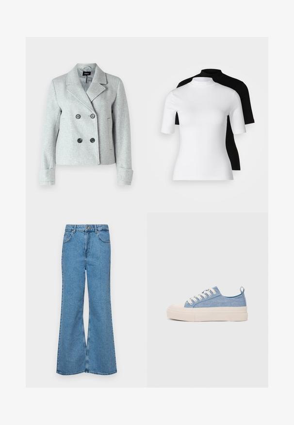 ONLY ONLFREJA LIFE - Blazer - light grey; Conjunto de duas camisolas de gola alta em branco e preto. Mangas curtas, tecido de algodão suave e design ajustado. Sem padrões ou gráficos.; Jeans de brim azuis claros, com corte à boca de sino, apresentando uma cintura alta, cinco bolsos e um fecho de botão único. Textura macia com acabamento desbotado.; Ténis de lona azul claro com uma biqueira e sola de borracha creme, apresentando atacadores brancos e uma alça na parte de trás.