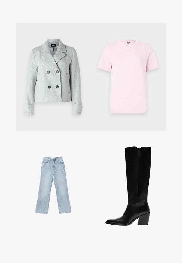 ONLY ONLFREJA LIFE - Blazer - light grey; Light pink short-sleeve t-shirt made from cotton, featuring a round neck and a simple, smooth texture with no patterns or accents.; Light blue denim jeans with a wide-leg cut, distressed detailing, five-pocket design, and a zip-fly closure.; Black knee-high boots made of smooth leather, featuring a pointed toe, a block heel, and a V-shaped cutout at the top.