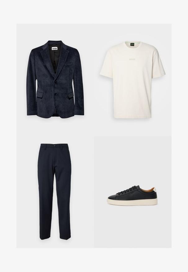 DRYKORN YAMES - Blazer jacket - blue; BOSS TEE - Basic T-shirt - open white; Navy blue trousers made of smooth fabric, featuring a front button, straight-leg design, and side pockets. No patterns or embellishments visible.; Black leather sneakers with a smooth texture, beige rubber sole, lace-up design, and a contrasting heel accent.