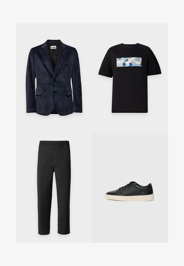 DRYKORN YAMES - Sakko - blue; Schwarzes Baumwoll-T-Shirt mit einem rechteckigen grafischen Design in Blau und Creme, verziert mit kreisförmigen Mustern und Kritzeleien, gestaltet für einen lässigen Schnitt.; Schwarze Hose mit geradem Schnitt, aus glattem Stoff gefertigt. Verfügt über einen Knopfverschluss und Gürtelschlaufen. Keine sichtbaren Muster oder Akzente.; Schwarzer niedriger Ledersneaker mit schwarzen Schnürsenkeln und cremefarbenem Sohlenrand, seitlich auf weißem Hintergrund dargestellt.