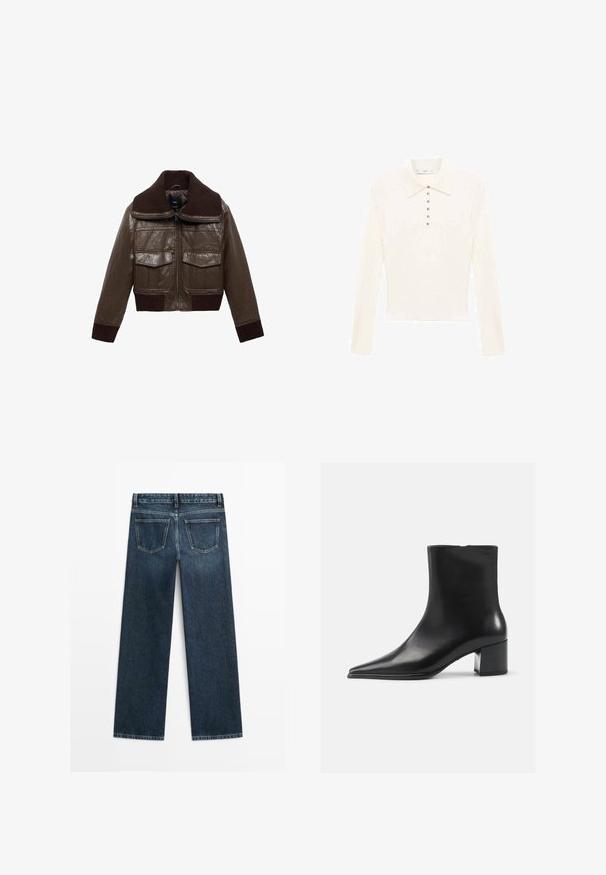 Brązowa skórzana kurtka typu cropped z prążkowanym brązowym kołnierzem, dwiema kieszeniami na piersi oraz prążkowanymi mankietami u dołu, zapewniającymi dopasowane wykończenie.; Jasno kremowa, długosleeve polo koszulka wykonana z miękkiego materiału, z klasycznym kołnierzykiem i siedmioma małymi srebrnymi guzikami z przodu.; Granatowe dżinsy o prostym kroju, z dwoma tylnymi kieszeniami i widocznym ściegiem wzdłuż szwów i brzegów.; Czarne skórzane botki za kostkę z wydłużonym noskiem, gładką fakturą i średnim obcasem w kształcie słupka. Minimalistyczny design, zamek błyskawiczny z tyłu.