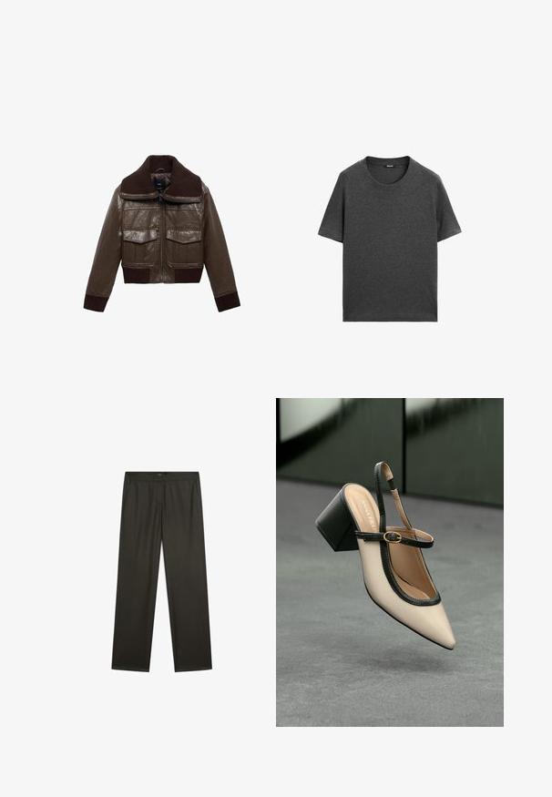Brun lädercroppad jacka med en ribbad brun krage, två bröstfickor och ribbade muddar vid nederkanten för en åtsittande passform.; Mörkgrå kortärmad t-shirt i mjukt bomullstyg. Har en klassisk rund halsringning och rak fåll utan mönster eller detaljer.; Mörkgröna, vida byxor med en slät yta, elastisk midja och sidofickor. Enkelt design utan synliga mönster eller metalldetaljer.; Beige spetstoppad slingback-sko med svart kant, guldspänne och en kraftig blockklack på grått golv med mörkgrön bakgrund.