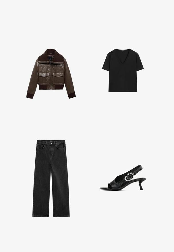 Giacca cropped in pelle marrone con colletto a coste marrone, due tasche sul petto e polsini a coste per una vestibilità aderente.; Maglietta nera a maniche corte con scollo a V, dal design semplice e aderente, su sfondo bianco.; Jeans in denim nero a gamba larga con un sottile motivo a righe verticali, dotati di cinque tasche e una chiusura a bottone classica in vita.; Scarpa slingback in pelle nera con punta aperta, dotata di una particolare fibbia ovale argento sulla cinghia e un tacco a rocchetto sottile. Texture liscia.
