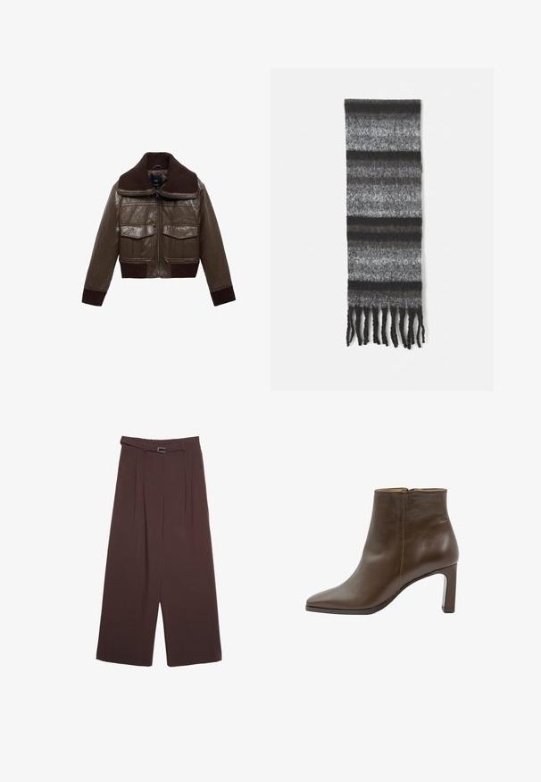 Braune Lederjacke im Cropped-Stil mit einem gerippten braunen Kragen, zwei Brusttaschen und gerippten Bündchen am Saum für eine enge Passform.; Zwei T-Shirts mit Rundhalsausschnitt in Schwarz und Weiß, aus Baumwolle. Sie haben kurze Ärmel und einfarbiges Design ohne Muster oder Akzente.; Stradivarius WIDE-LEG WITH BUCKLE DETAIL - Stoffhose - dark brown; Braune Leder-Ankelstiefel mit spitzer Zehe, Blockabsatz und seitlichem Reißverschluss, vor einem weißen Hintergrund gezeigt.; Grau gestreifter Schal in verschiedenen Grautönen, mit einer weichen Textur und fransigen Kanten für einen lässigen Abschluss.; Beige gesteppte Tragetasche mit zwei Griffen, runder Form, strukturiertem Stoff und einer seitlichen Kordelzugtasche. Glatte Oberfläche, minimalistisches Design.