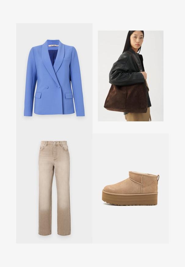 Dobbeltspent blazer i lyseblått stoff. Har spisse slag, to frontlommer, en brystlomme og et glatt fôr.; Hvit langermet bluse laget av glatt stoff, med knyting i halsen og skreddersydde mansjetter. Enkel, klassisk design uten mønstre.; Beige denim jeans med en lett falmet effekt, strak ben design, fem-lomme stil, og en metall knappelukking i livet.; Beige semskede ankelstøvler med en fyldig indvendig foring, med en platformsål og en løkke bagpå for nem påtagning. Tekstureret gummisål.; Brun semsketoteveske med bred form og myk tekstur, med en enkelt stropp og minimal maskinvare mot en nøytral bakgrunn.
