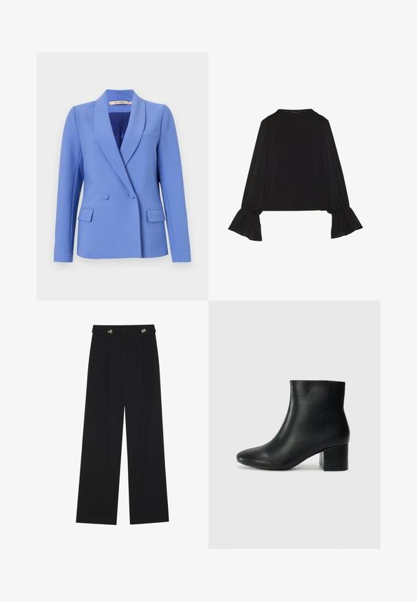 Dvostrani sako od svijetloplave tkanine. Ima izbočene reveri, dva prednja džepa, džep na prsima i glatku unutarnju oblogu.; Crna majica dugih rukava s proširenim manžetama, mekanim materijalom i opuštenim krojem, s jednostavnim okruglim izrezom.; Crne hlače širokih nogavica s visokim strukom, s dugmadi na pojasu i prednjim nabora.; Crne kožne čizme do članaka s uskim vrhom i debelim potplatom. Glatka tekstura s minimalnim detaljima i elegantan, prilagođen dizajn.