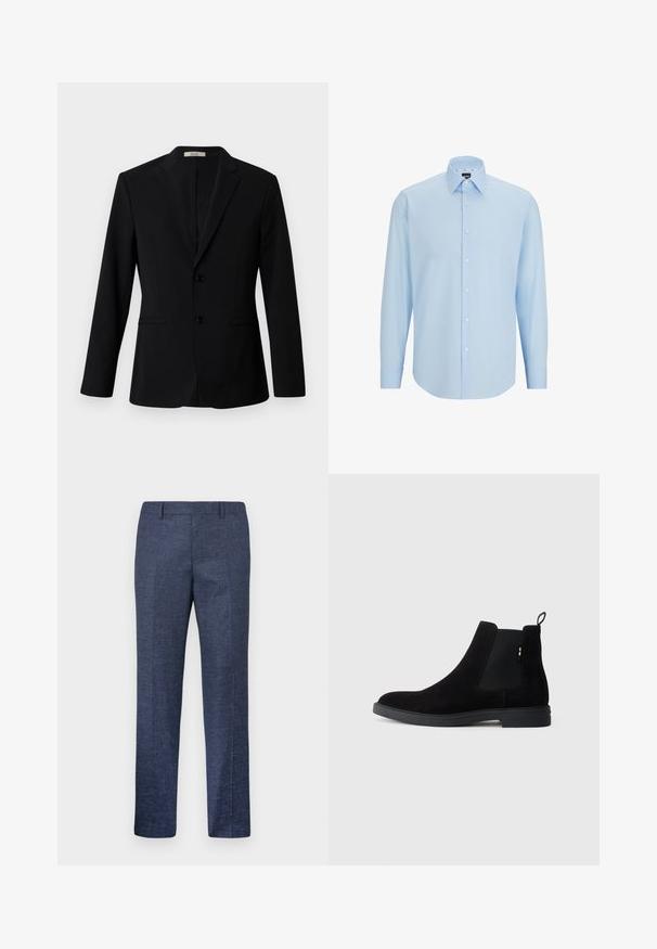 Črn blazer, izdelan iz gladkega blaga, z opletenim ovratnikom, dvema gumboma in stranskima žepoma; krojen prilagojeno z dolgimi rokavi.; Svetlo modra dolga srajca z dolgimi rokavi, izdelana iz gladkega materiala, z gumbom spredaj, konicami ovratnika in običajnim krojem.; Temno modri hlače iz teksturiranega blaga, s pravimi nogami, ravnim sprednjim delom in dvema stranskima žepoma. Brez vidnih vzorcev ali akcentov.; Črne semiš Chelsea škornje z elastičnimi stranskimi paneli, zaobljenim prstom in nizkim gumijastim podplatom. Imajo zanka na hrbtni strani za enostavno obuvanje.