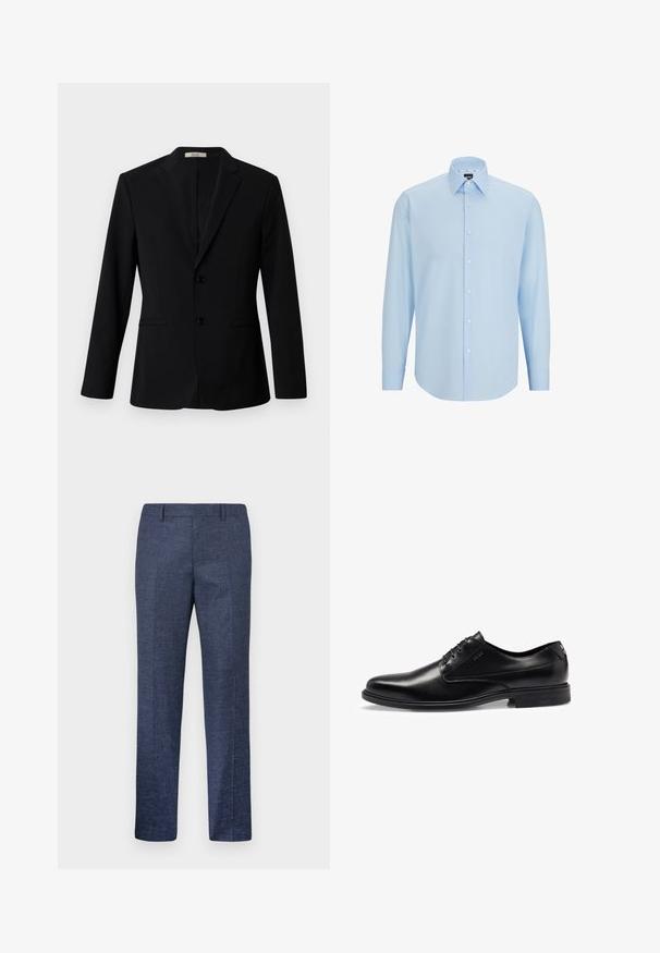 Blazer negro de tejido suave, con solapa con muesca, dos botones y bolsillos laterales; corte entallado con mangas largas.; Camisa de dress de manga larga de color azul claro, hecha de una tela suave, con un cierre de botones en la parte delantera, cuello puntiagudo y corte regular.; Pantalones azul marino hechos de una tela texturizada, con perneras rectas, frente plano y dos bolsillos laterales. Sin patrones ni acentos visibles.; Zapato de vestir negro de cuero con un acabado liso, diseño con cordones, puntera redonda y sutiles detalles de costura. Cuenta con una suela de goma negra.