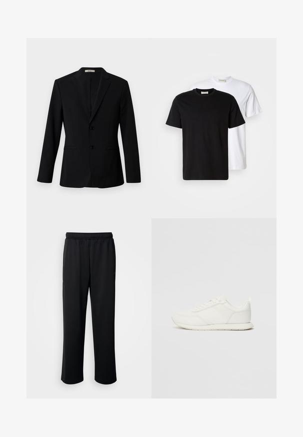 Blazer preto feito de tecido suave, com lapela notched, dois botões e bolsos laterais; corte ajustado com mangas longas.; Duas T-shirts de algodão lisas, uma preta colocada à frente de uma branca, ambas com mangas curtas e decotes redondos.; Calças de atletismo pretas feitas de um tecido suave e respirável. Apresentam uma cintura elástica e pernas straight, sem detalhes ou padrões proeminentes.; Sapatilha branca com parte superior em malha e sintético, bico arredondado, atacadores planos e uma faixa lateral texturizada. Sola em borracha com uma alça na parte de trás.