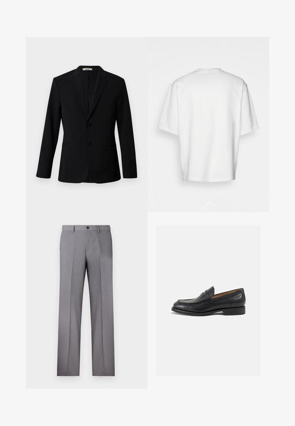 Juodas švarkas, pagamintas iš glotnaus audinio, su išpjauta apykakle, dviem mygtukais ir šoninėmis kišenėmis; pritaikyta figūrai, su ilgomis rankovėmis.; Balta trumpa rankovėmis marškinėliai, laisvas kirpimas, apvalus iškirpimas, lygaus džinsinio audinio, nepuošta nugara, tiesiai kraštu, be raštų ar akcentų.; Pilkos pritaikytos kelnės su plokščiu priekiu, dviem šoninėmis kišenėmis ir vienu mygtuko užsegimu. Lygi tekstūra su subtiliu dryželiu.; Juodi odiniai loafersai su lygiu paviršiumi, apvaliu pirštu ir dekoratyvine siūlė viršuje. Žemas sustiprintas kulnas ir lengvas blizgesys.