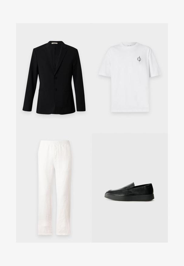 Sort blazer lavet af glat stof, der har en spids flip, to knapper og sidelommer; skræddersyet pasform med lange ærmer.; Hvid bomulds t-shirt med en afslappet pasform, der har et lille sort grafisk logo på venstre brystområde. Korte ærmer, rund halsstil.; Hvide linnedbukser med elastisk talje, lige ben design og let struktureret stof. Ingen mønstre eller yderligere detaljer.; Calvin Klein HYBRID CUP - Loafers - triple black