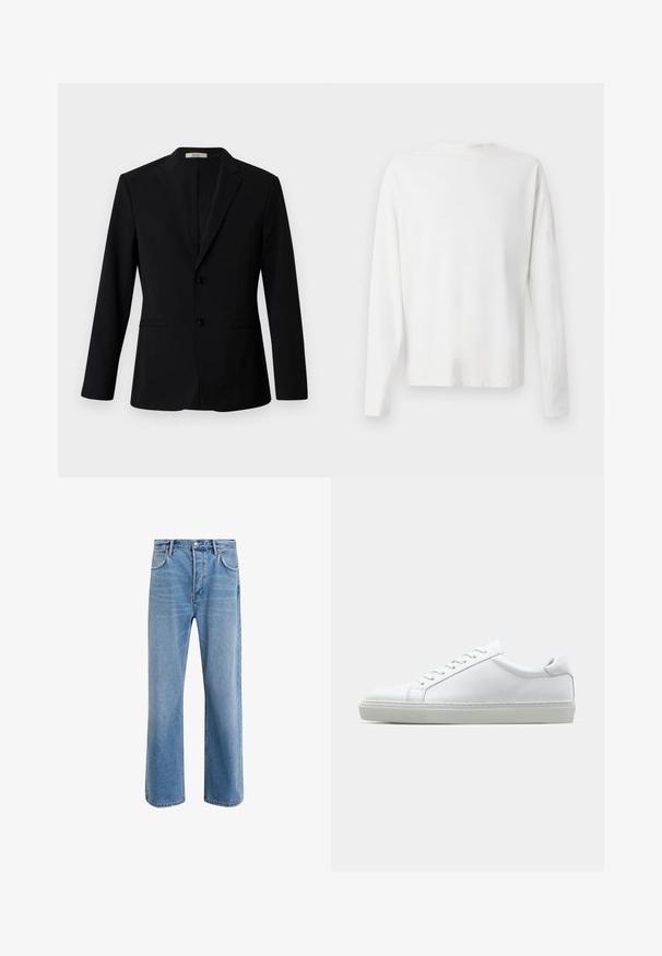 Černý blazer z hladké látky, s klopovým límcem, dvěma knoflíky a postranními kapsami; upravený střih s dlouhými rukávy.; Bílá bavlněná košile s dlouhým rukávem a kulatým výstřihem, s bočními rozparky na spodní části a hladkým povrchem, vystavená zezadu.; Světle modré džínové kalhoty s rovnými nohavicemi, pěti kapsami, zapínáním na knoflík, minimálním vyblednutím a kontrastním prošitím.; Bílé tenisky s hladkým koženým svrškem a nízkým profilem. Mají zaoblenou špičku, šest nýtů a texturovanou gumovou podrážku.