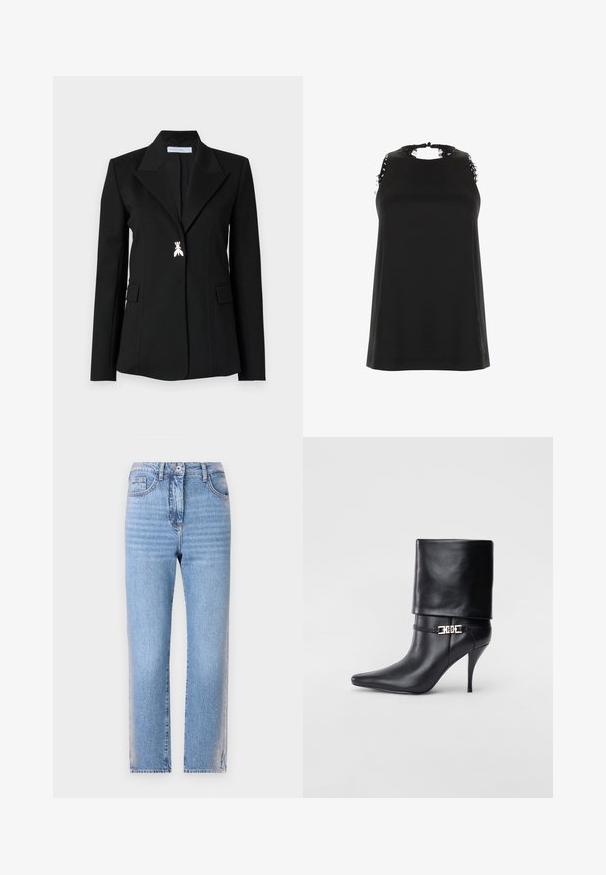Patrizia Pepe JACKET - Bleizeris - nero; Juodas be rankovių viršus su aukštu iškirpimu, kuriame yra nutrintų nėrinių akcentų ant pečių ir lygi, švelni tekstūra.; Šviesiai mėlyni džinsai su tiesiu kirpimu, turintys mygtuko ir užtrauktuko uždarymą, penkis kišenes ir išblukusią tekstūrą ant kojų.; Juodos odinės kulkšninių botų su smailiu nosiu, aukštu stiletto kulnu, apvyniojamu kraštu ir auksine dekoratyvine sagtimi prie kulkšnies.