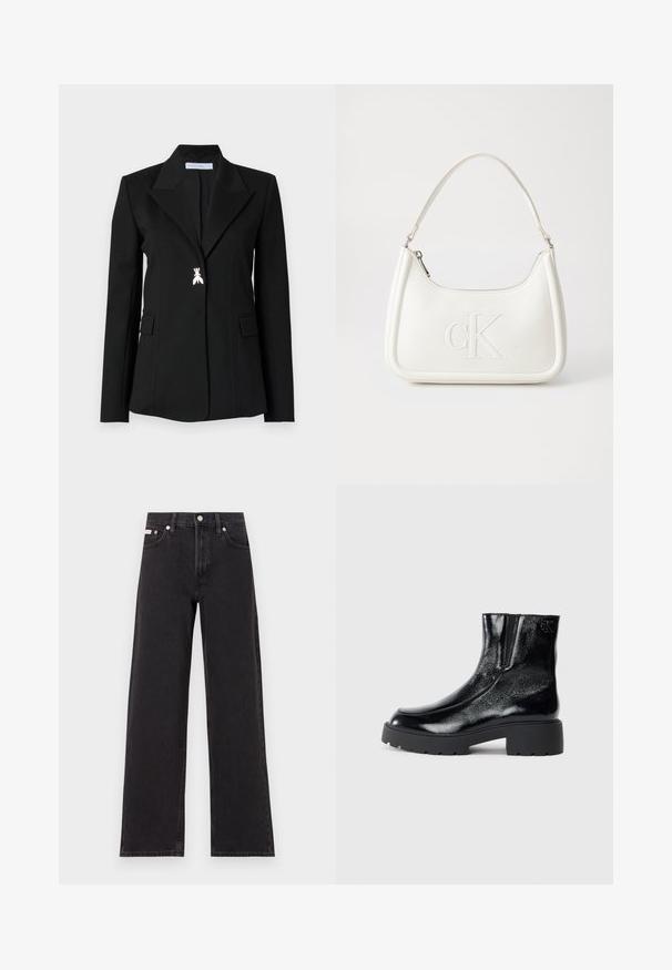 Patrizia Pepe JACKET - Blazer - nero; Sort, ribbet kortærmet crop top lavet af blødt materiale, med et diskret Calvin Klein-logo i midten. Simpelt, klassisk design.; Sorte vidde jeans lavet af denim, med høj talje, fem-lomme stil og en metalknap lukning med kontrasterende syninger.; Sorte ankelstøvler med en blank patentlæderfinish, chunky sort gummisål og hævet hæl; inkluderer subtilt logodetalje på siden.; Hvid lædertaske med en buet form, der har et præget "CK"-logo på fronten og en enkelt skulderrem. Lynlåslukning i toppen.