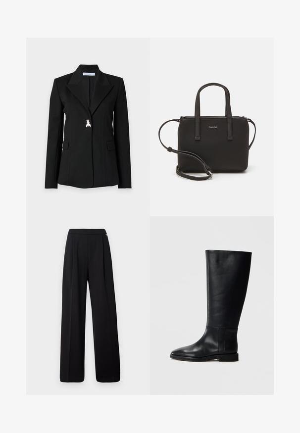 Patrizia Pepe JACKET - Blazer - nero; Black cotton t-shirt with short sleeves, crew neck, and small white "Calvin Klein" logo at the chest. Smooth texture, classic fit.; Black wide-leg trousers made from a smooth fabric, featuring a plain design and elastic waistband, with no visible patterns or accents.; Black leather knee-high boot with a rounded toe, smooth texture, minimalistic design, and a flat sole. Simple seam details on the shaft.; Black handbag with dual short handles and a removable shoulder strap. Smooth leather-like material with a zip closure and logo detail.