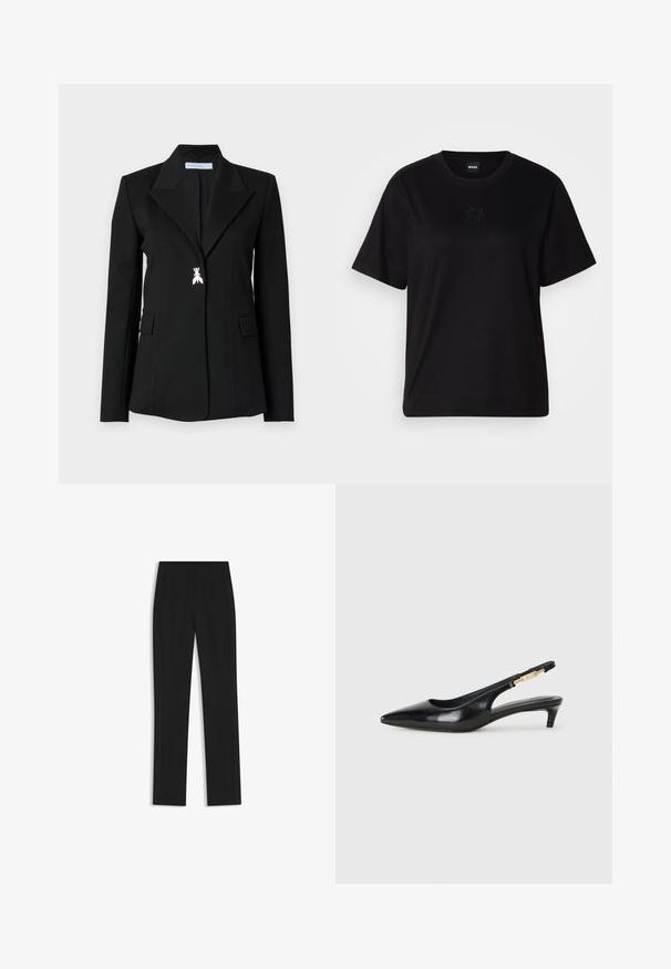 Patrizia Pepe JACKET - Blazer - nero; Maglietta in cotone nera con scollatura tonda, maniche corte e logo ricamato sul petto. Design semplice e vestibilità rilassata senza motivi.; Pantaloni neri su misura con un design a gamba dritta, dotati di tasche frontali e un tessuto liscio e strutturato. Dettagli ordinati e minimalisti.; Tacchi slingback in pelle nera con punta affusolata, caratterizzati da un tacco alto e un accento dorato sulla cinghia regolabile. Texture liscia.