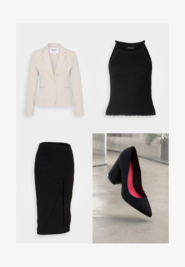 Šviesiai rudas švarkas pagamintas iš minkštos medžiagos; užsegamas viena saga, su notch apykakle ir priekinėmis kišenėmis. Sklandus paviršius ir pritaikytas kirpimas.; Juodas raštuotas marškinėlis be rankovių su banginiu nėriniu apdaila apatine dalimi. Savybės: plonos petnešos ir prigludusi forma. Pagaminta iš tamprios medžiagos.; Juoda, raukšlėta pieštuko sijonas su raišteliu ir šoniniu įpjovimu. Pagamintas iš elastingos medžiagos, pasižymi lygiu paviršiumi ir prigludusia forma.; Juodas aukštakulnis batai su smailiu pirštu, su tekstūruota paviršiumi ir ryškiai rožiniu vidumi. Su tiek dideliu kulnu, tiek sidabriniu akcentu.