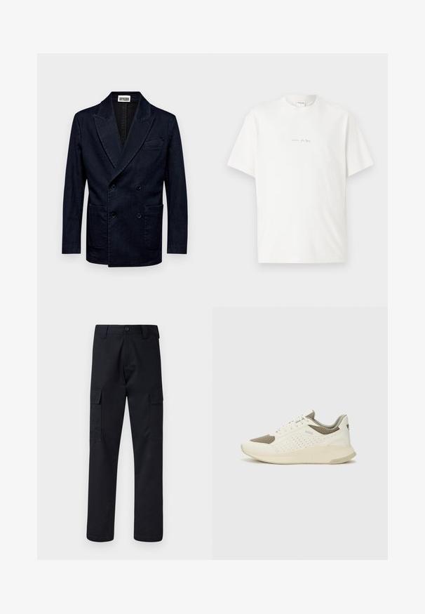DRYKORN MONTELINO - Suit jacket - blue; White cotton t-shirt with a crew neck, short sleeves, and a small printed logo on the front. Smooth texture and relaxed fit.; Black cargo pants made of sturdy fabric, featuring a straight-leg cut, two side pockets, and a button closure at the waistband.; White and light beige athletic sneaker, featuring a mesh upper, perforated detailing, and a textured midsole with branding on the heel.