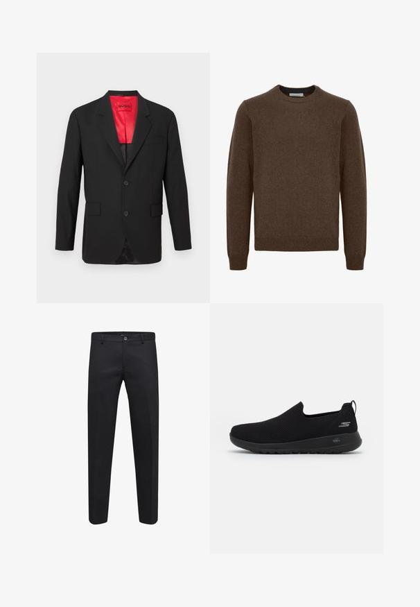 Zwarte blazer van lichtgewicht stof, voorzien van een rode satijnen voering, twee knopen aan de voorkant en twee zijzakken met een enkele borstzak.; Bruine gebreide trui met een ronde hals, lange mouwen, ribgebreide manchetten en zoom. Gemaakt van zacht, gestructureerd materiaal. Geen patronen of accenten zichtbaar.; Zwarte op maat gemaakte broek gemaakt van een soepele stof, met een knoopsluiting, riemlussen en zijzakken, in een recht model.; Zwarte instap sneaker met een ademende mesh bovenkant, ronde neus en een gevoerde rubberen zool. Bevat een logo aan de zijkant.