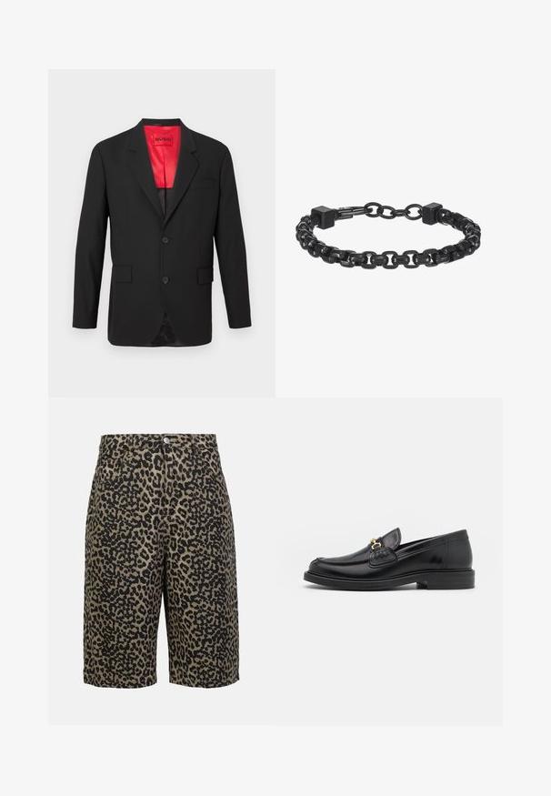 Sort blazer i let materiale med en rød satinfor, to frontknapper og to sidelommer samt en enkelt brystlomme.; Hvid bomulds tanktop med rund halsudskæring og brede stropper, kombineret med lysebeige bukser med knap og pressefolder.; Leopardprint denimshorts i jordfarver med knaplukning, fem lommer og en afslappet pasform.; Sorte læder loafers med en rund tå, der har guld hardware accent og syningsdetaljer, placeret på en lav, tekstureret gummisål.; Sort metal kædearmbånd med sammenflettede led, firkantede detaljer og en glat overflade. Justerbart design for optimal pasform.